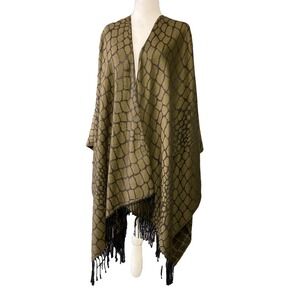 Kaleidos Poncho Womens One Size Green Snake Print Fringe Knit‎ Kimono Made Italy